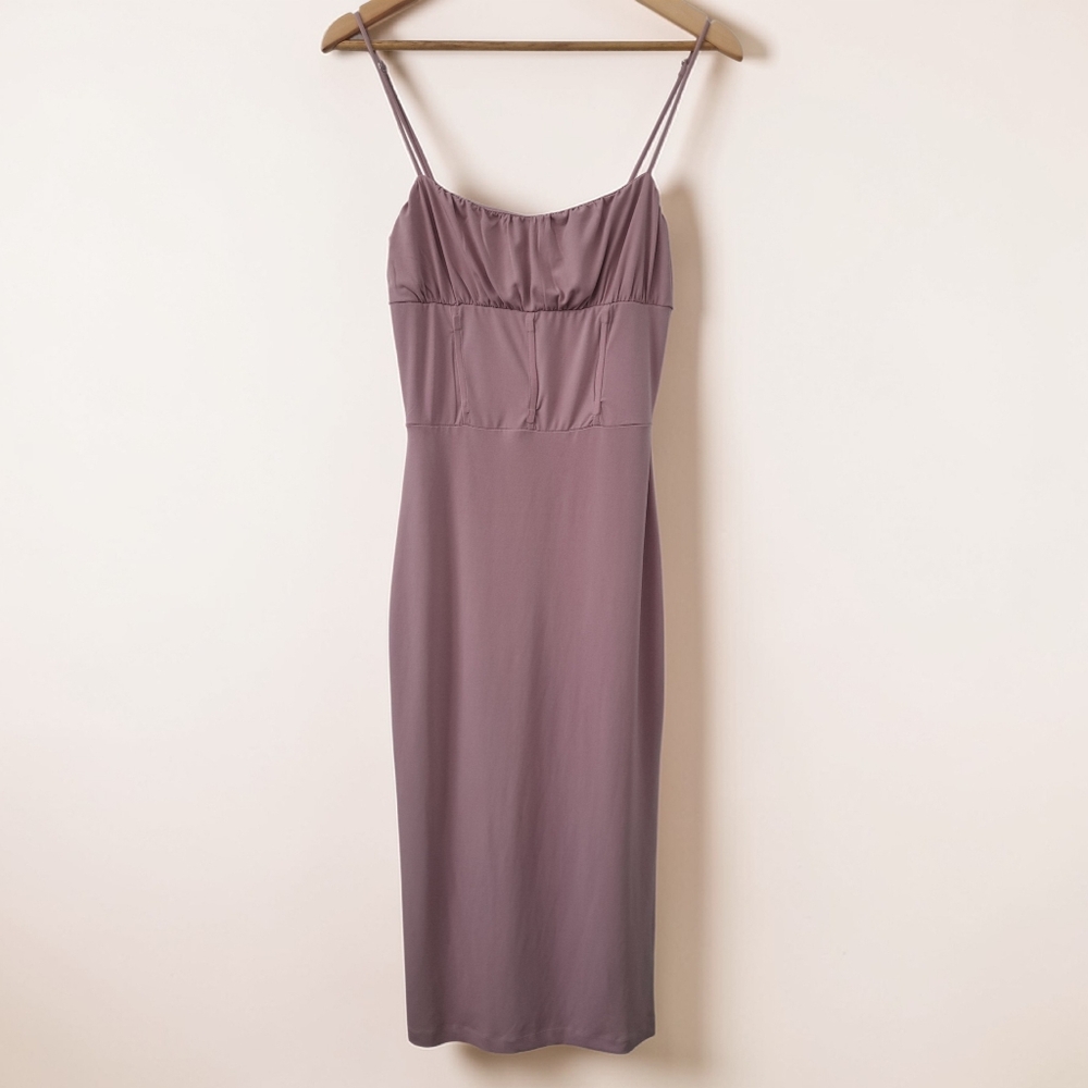 New Dynamite Taupe Rose Corset Style Midi Dress